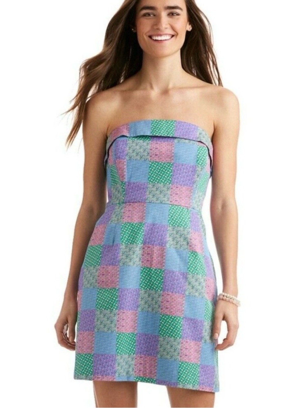 Vineyard Vines Strapless Patchwork Dress in Pink, Green & Blue